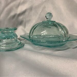 Vintage-Style Glass Butter Dish and Candle Holder - Light Blue